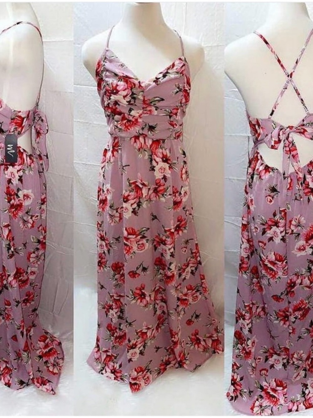 Lace-Up Back Floral Maxi Dress - Mauve Pink
